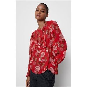 Zara Medium Red Floral Print Ruffle Blouse